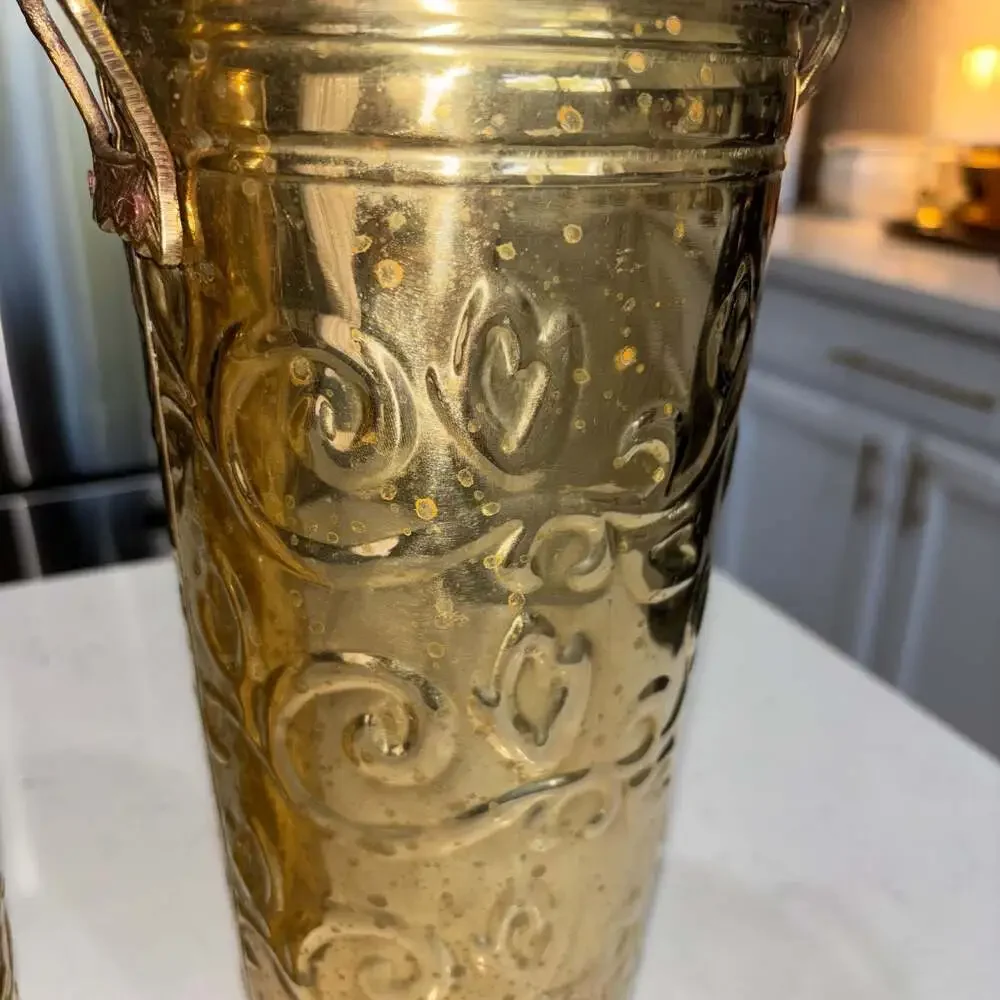 Vintage Hosley French Brass Bucket Planter Vases with Embossed Floral/Grapevine